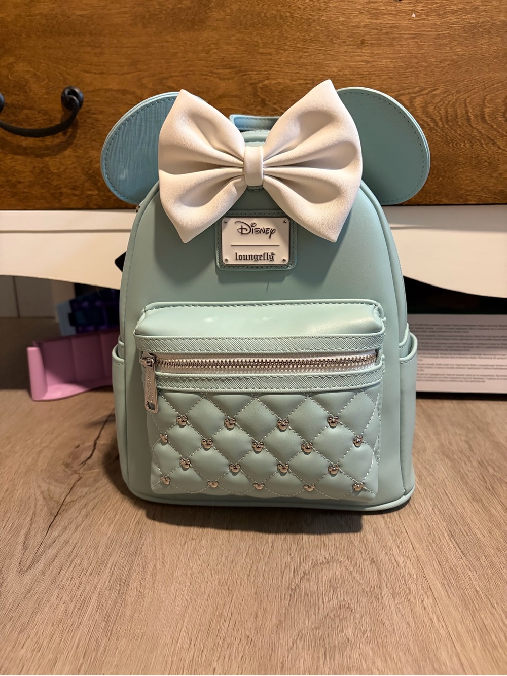 Loungefly Mint Green Minnie Ear Mini Backpack with White Bow